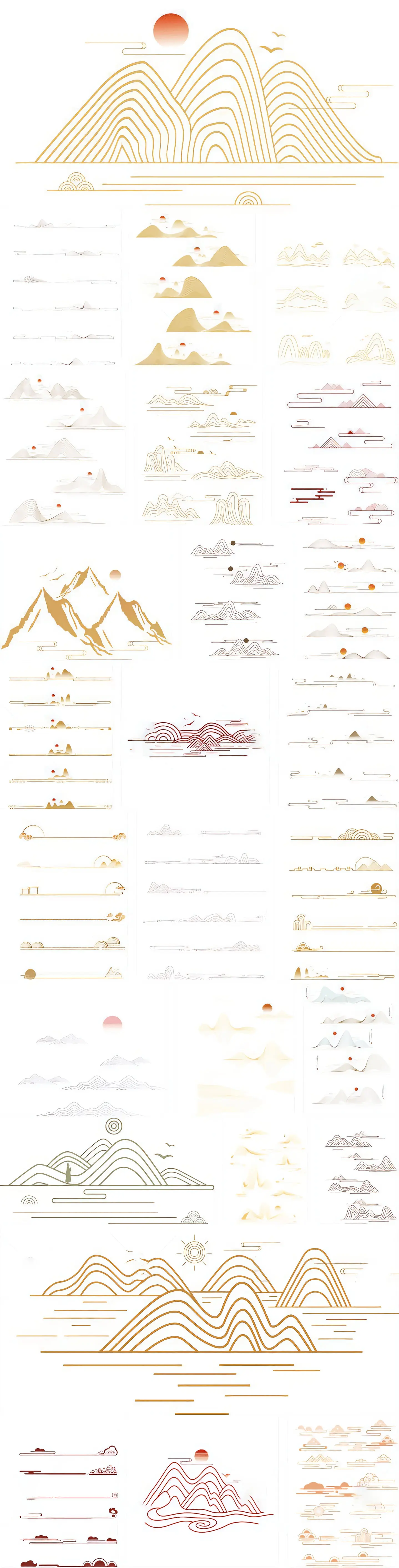 中国风中式山水祥云花纹几何线性边框插画图形AI矢量