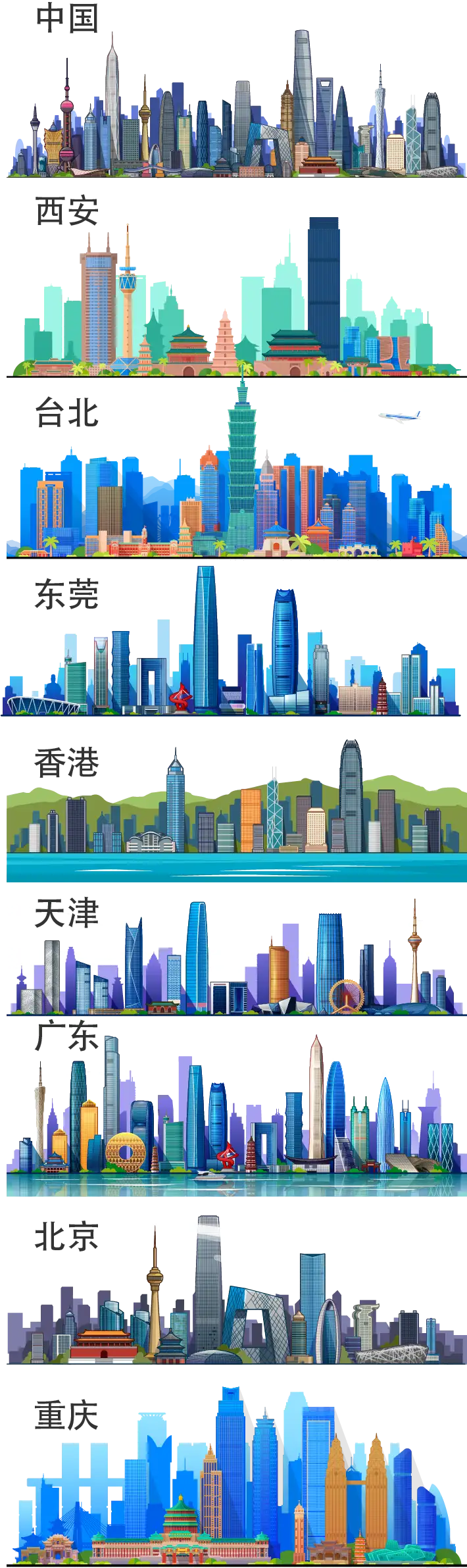 城市建筑景点地标西安重庆天津场景AI矢量插画免扣元素