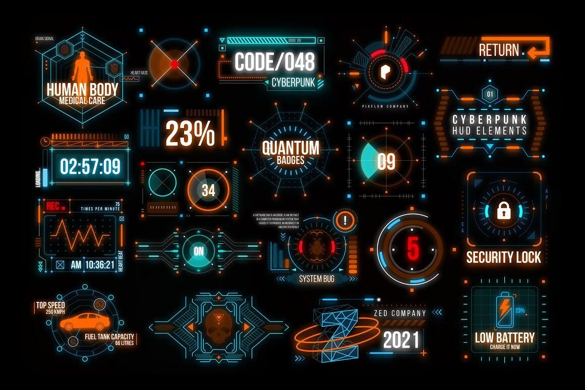 HUD潮流赛博朋克汽车宇宙飞船科幻霓虹灯界面元素PSD文件
