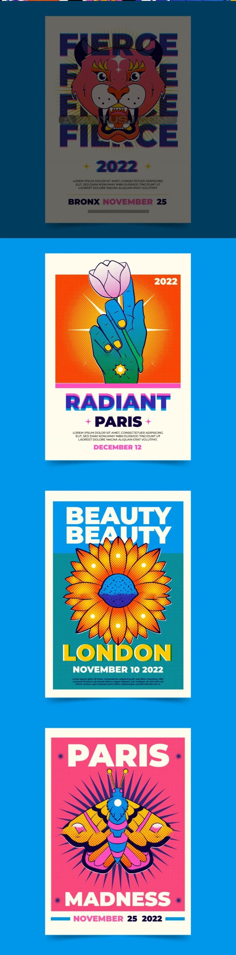 复古丝网叠加老虎玫瑰向日葵趣味海报插画贴纸