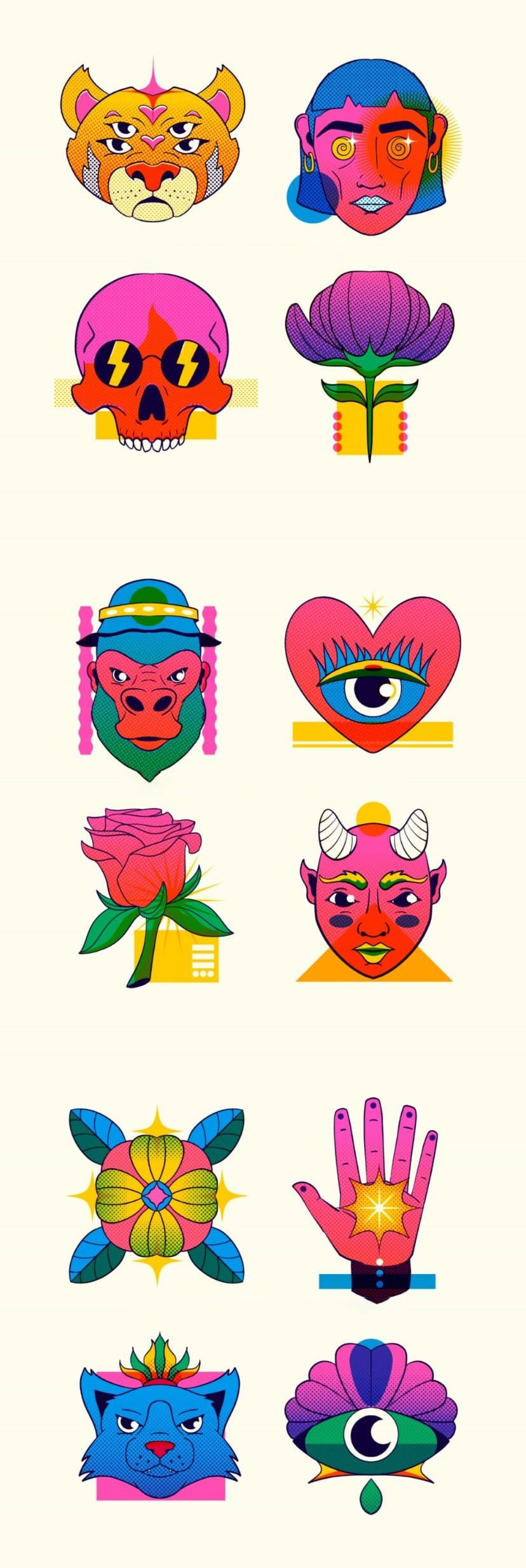 复古丝网叠加老虎玫瑰向日葵趣味海报插画贴纸