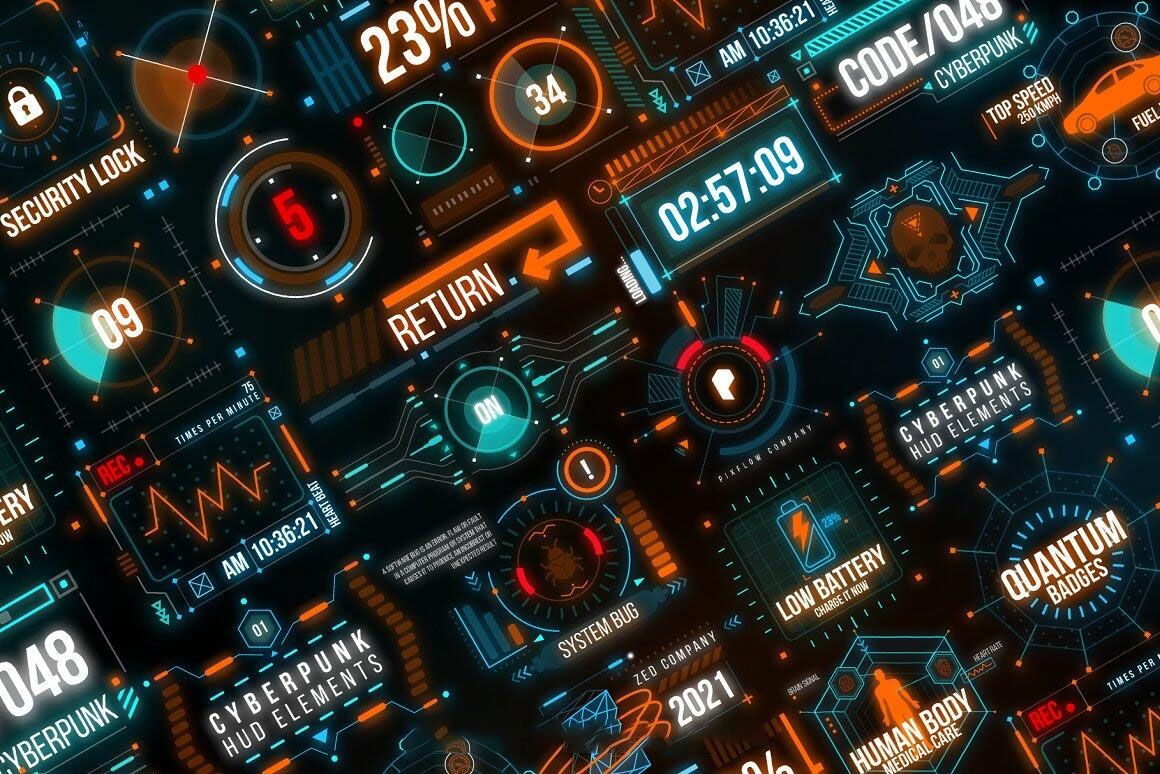 HUD潮流赛博朋克汽车宇宙飞船科幻霓虹灯界面元素PSD文件