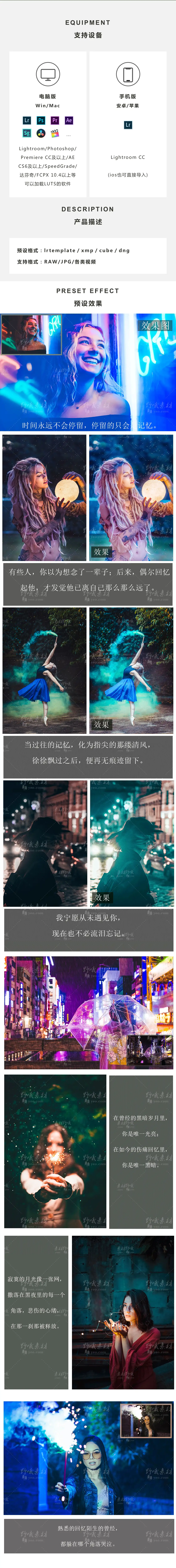 LR调色预设夜景街拍夜晚弱光唯美旅拍人像PS/PR/FCPX/AE/LUT滤镜