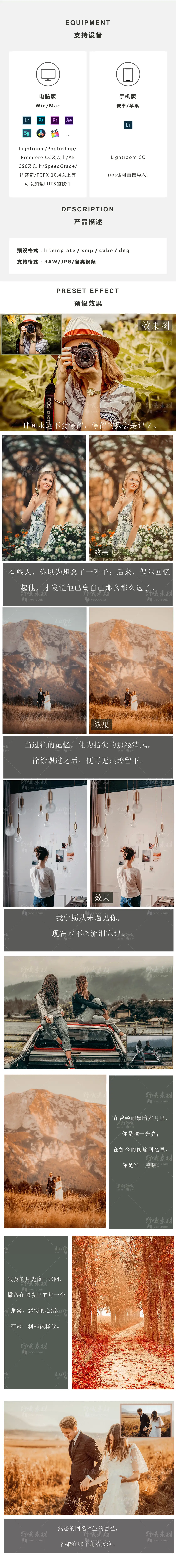 LR预设PS温暖风光旅拍婚礼FCPX达芬奇手机版APP滤镜PR调色LUT