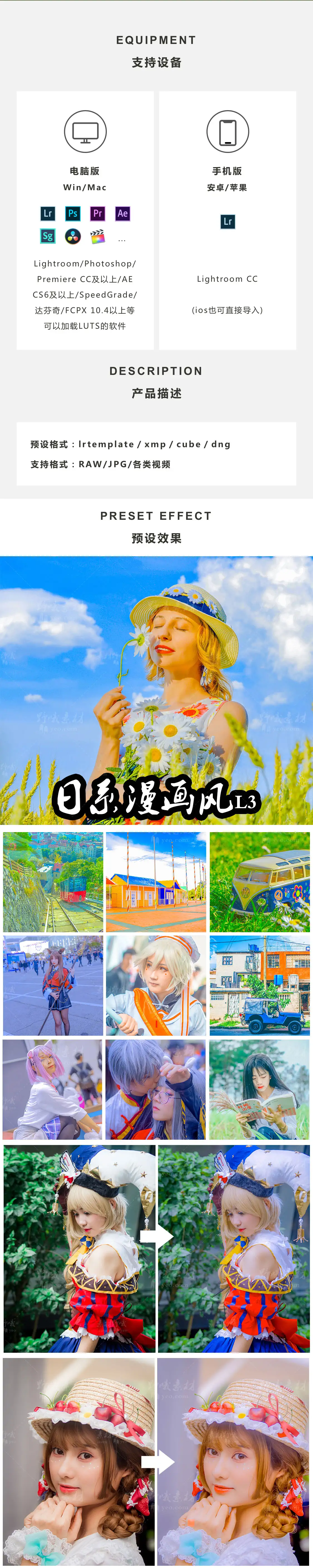 LR预设日系清新漫画风光人像Lightroom动漫PS调色达芬奇PR滤镜LUT