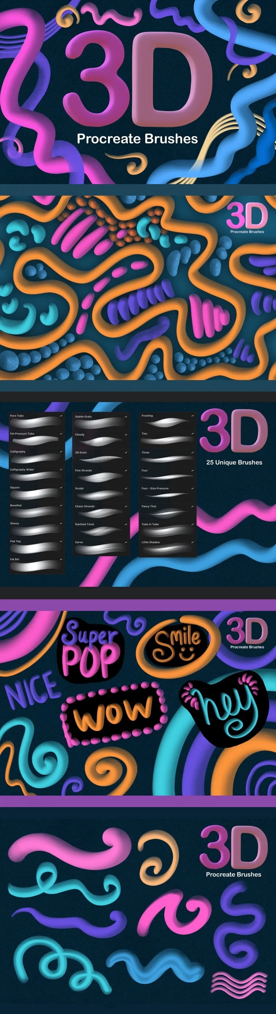 卡通有趣3D立体气泡笔触艺术绘画Procreate笔刷