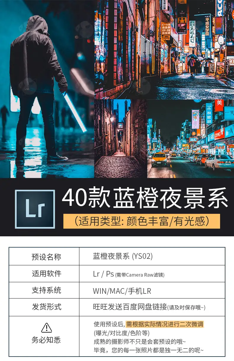 lightroom城市蓝橙街拍夜景人像滤镜摄影后期手机lr预设ps调色
