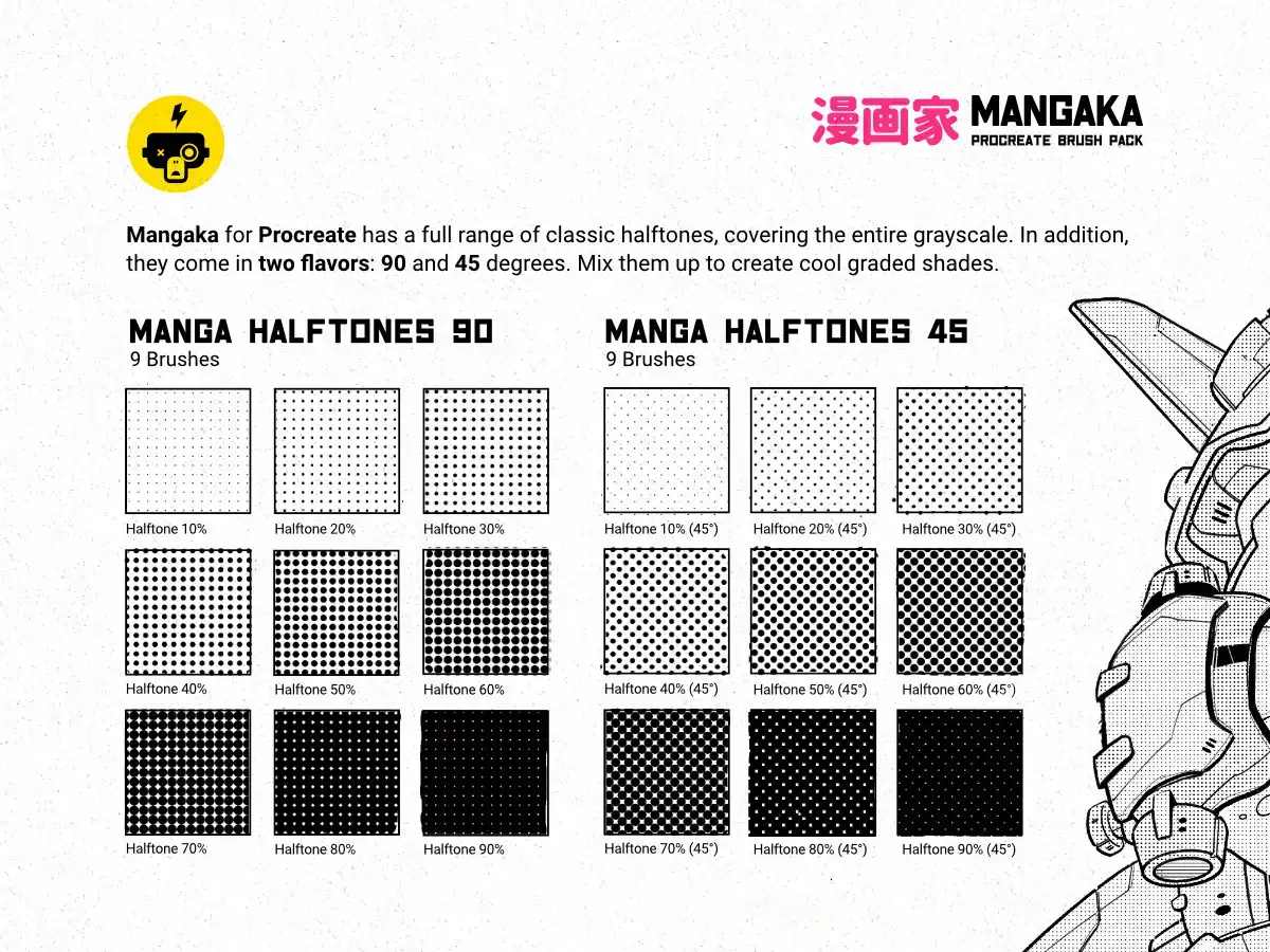 卡通黑白漫画水墨艺术插画Procreate笔刷