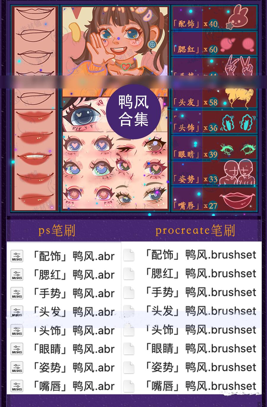 鸭风可爱卡通人物脸部procreate笔刷PS笔刷