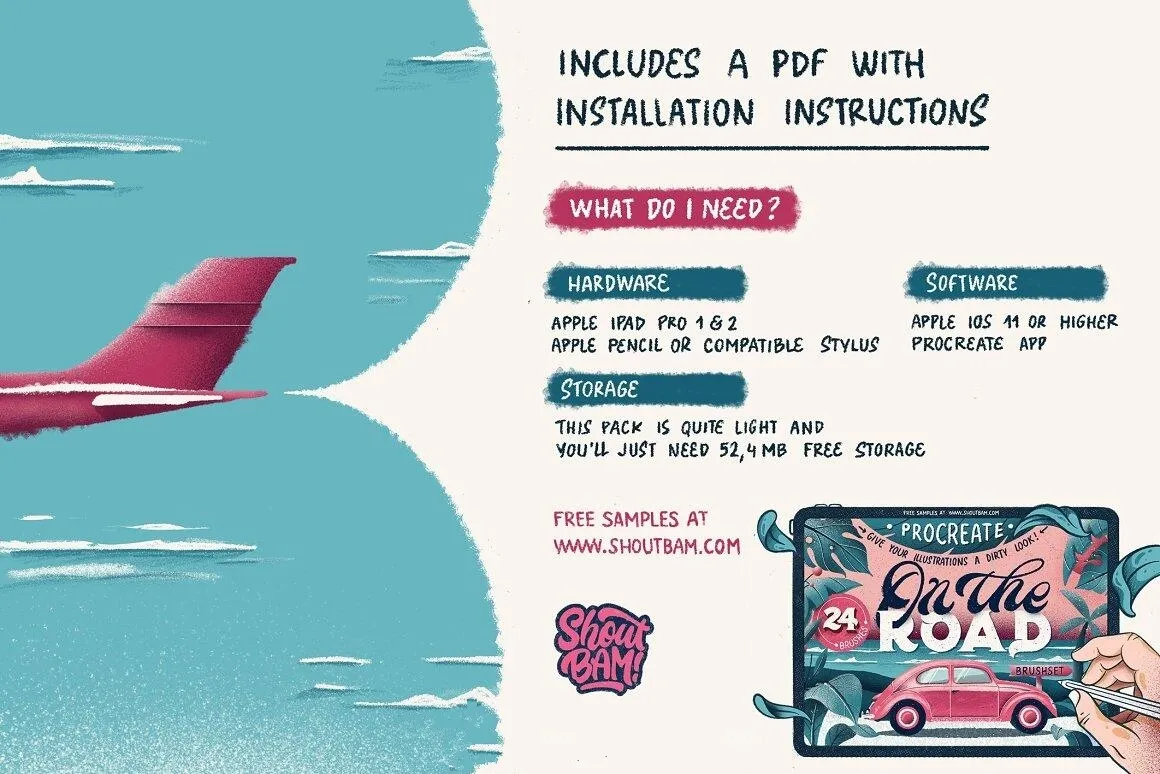 高质量颗粒压敏触感旅行风景插画Procreate笔刷