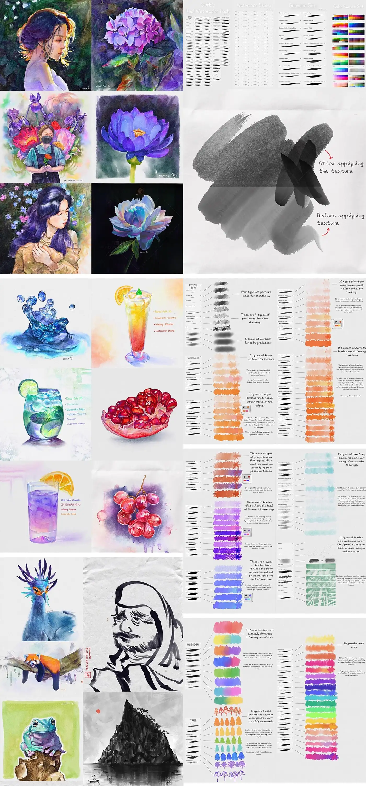 水彩插画厚涂ipad画笔调色板套装Procreate笔刷