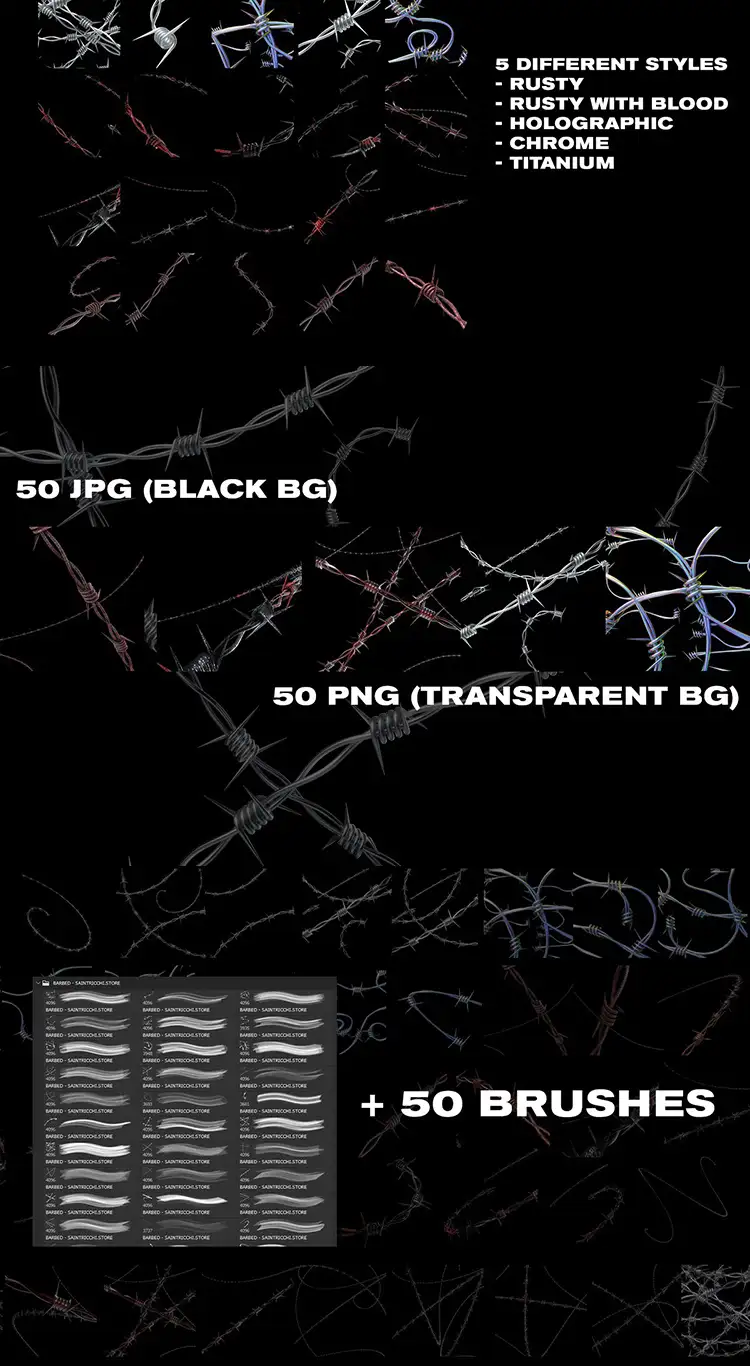 潮流酸性艺术街头恐怖带刺铁丝网刺绳PS笔刷PNG图片