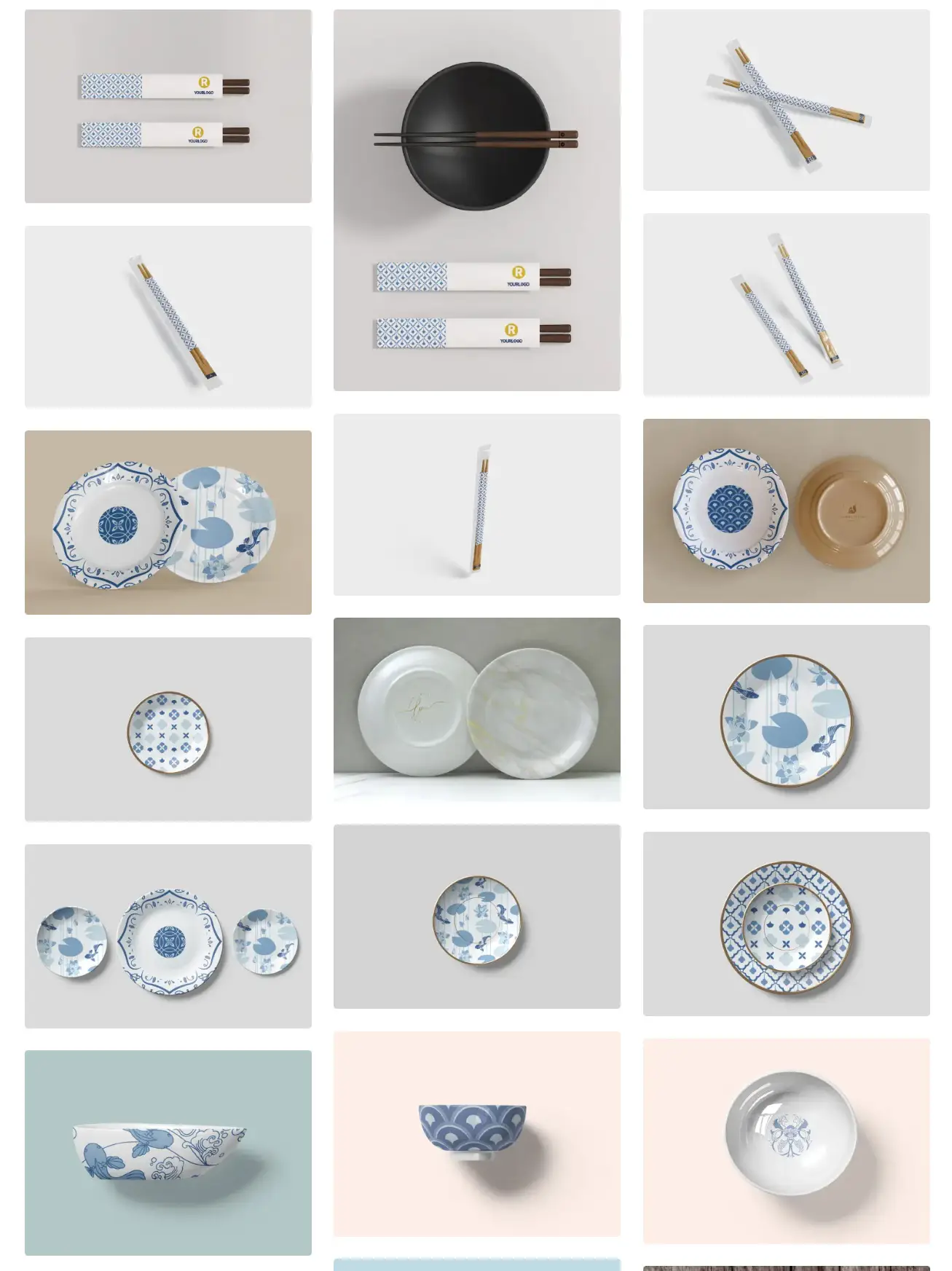 餐具杯子陶瓷盘子餐饮碗碟筷子品牌VI展示PS贴图样机设计素材psd