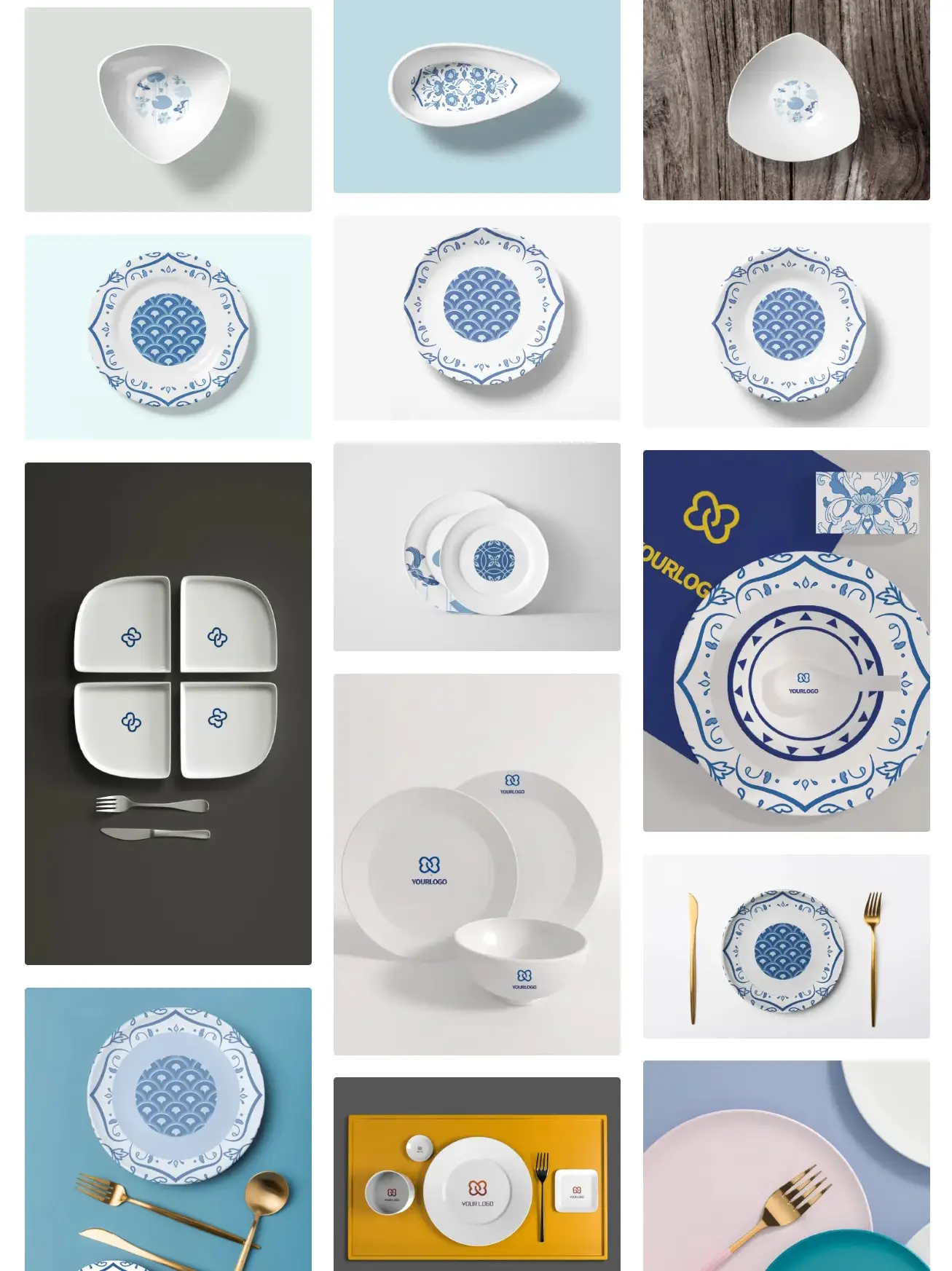 餐具杯子陶瓷盘子餐饮碗碟筷子品牌VI展示PS贴图样机设计素材psd