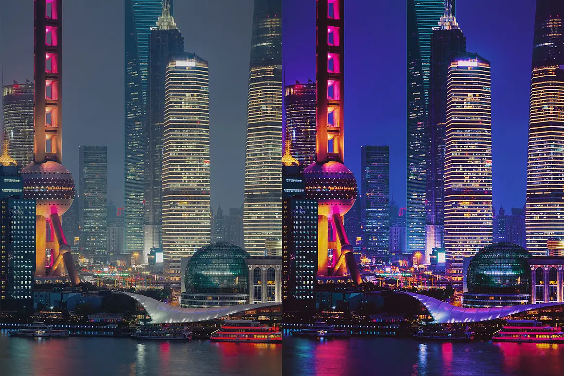 时尚科幻赛博朋克都市夜色灯光霓虹建筑摄影调色Lightroom预设LUT预