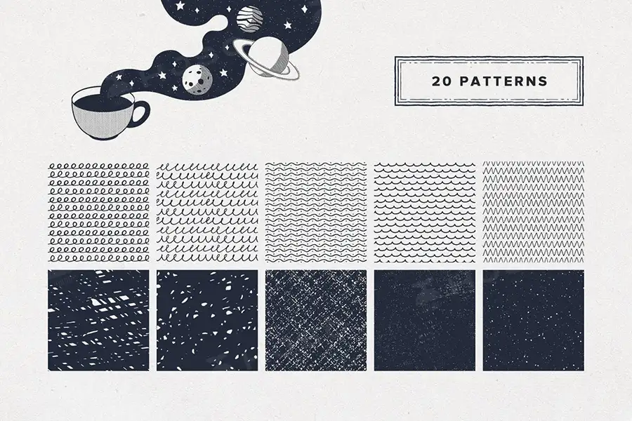 复古插画噪点纹理半调网格排线颗粒墨水矢量无缝图案AI笔刷