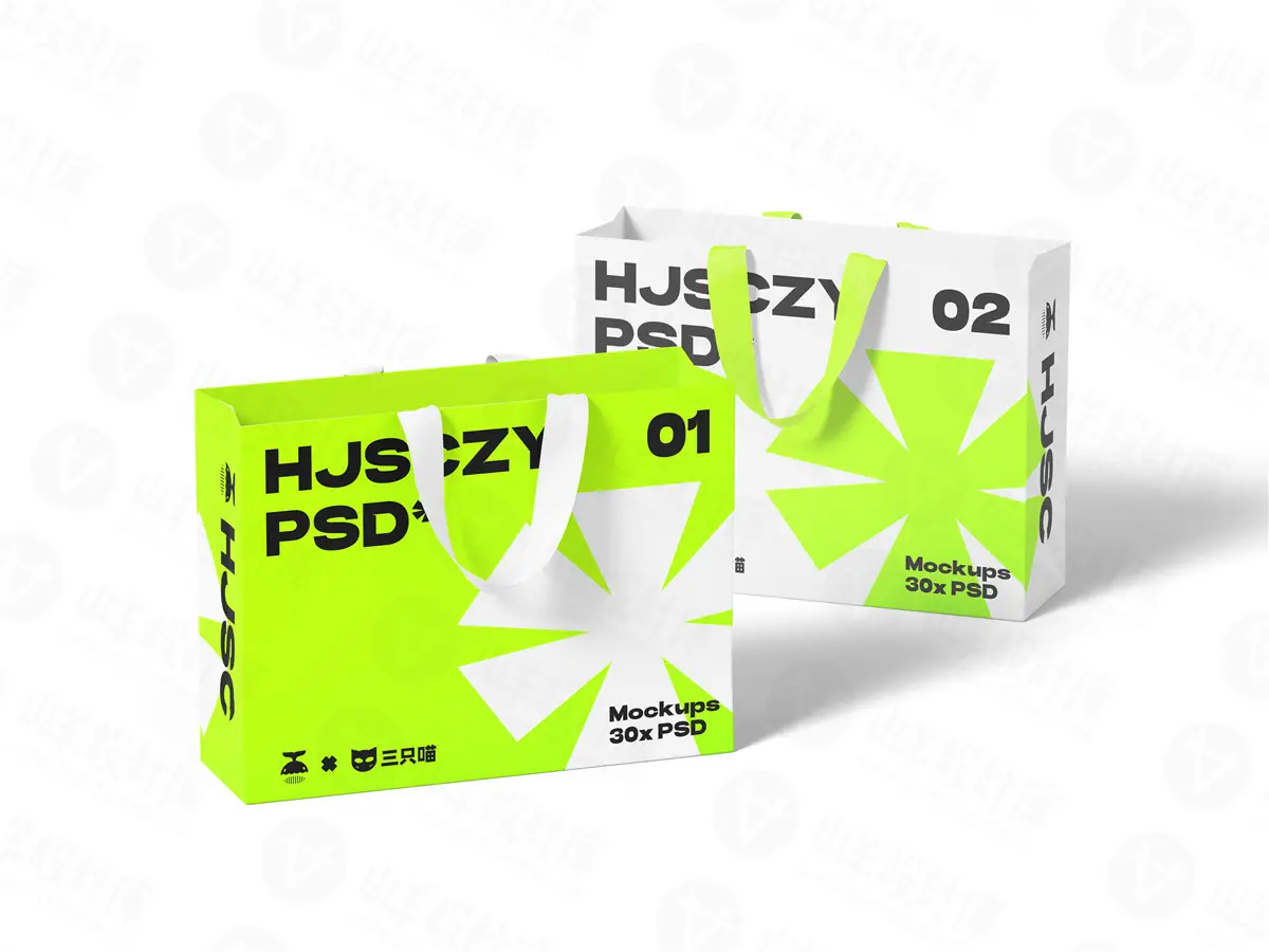 手提袋礼品购物袋包装效果图PS贴图样机刀模图刀版图设计素材PSD