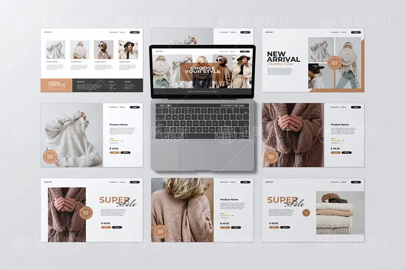 笔记本电脑屏幕分屏web网页界面ui设计作品展示贴图样机ps素材PSD