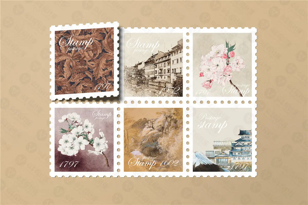 纪念邮票印花图案文创效果图展示VI智能贴图样机提案设计素材PSD