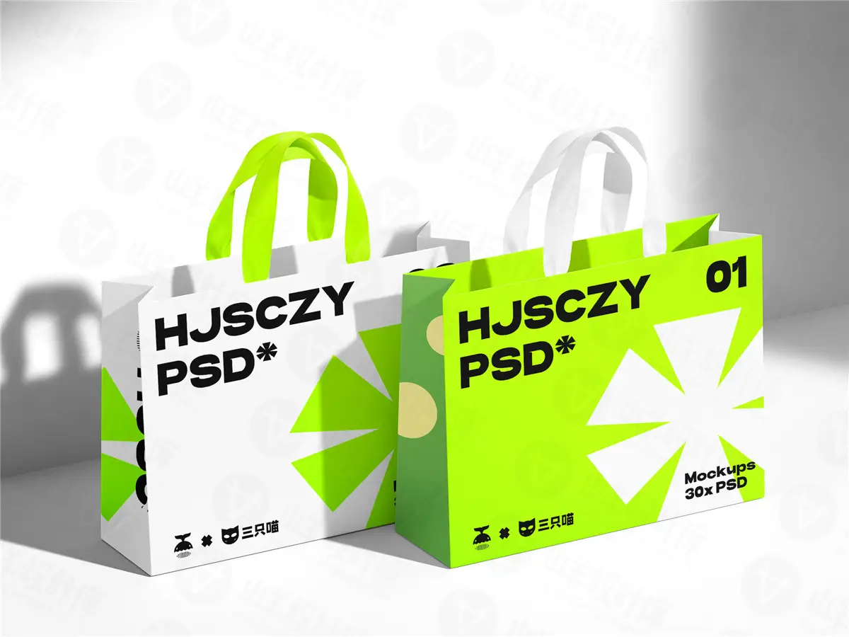 手提袋礼品购物袋包装效果图PS贴图样机刀模图刀版图设计素材PSD