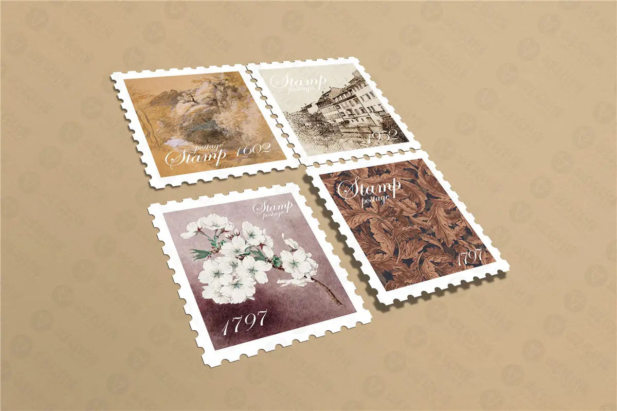 纪念邮票印花图案文创效果图展示VI智能贴图样机提案设计素材PSD