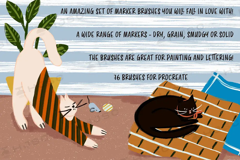 笔刷可爱卡通趣味儿童插画线条颗粒纹理马克笔涂鸦全套