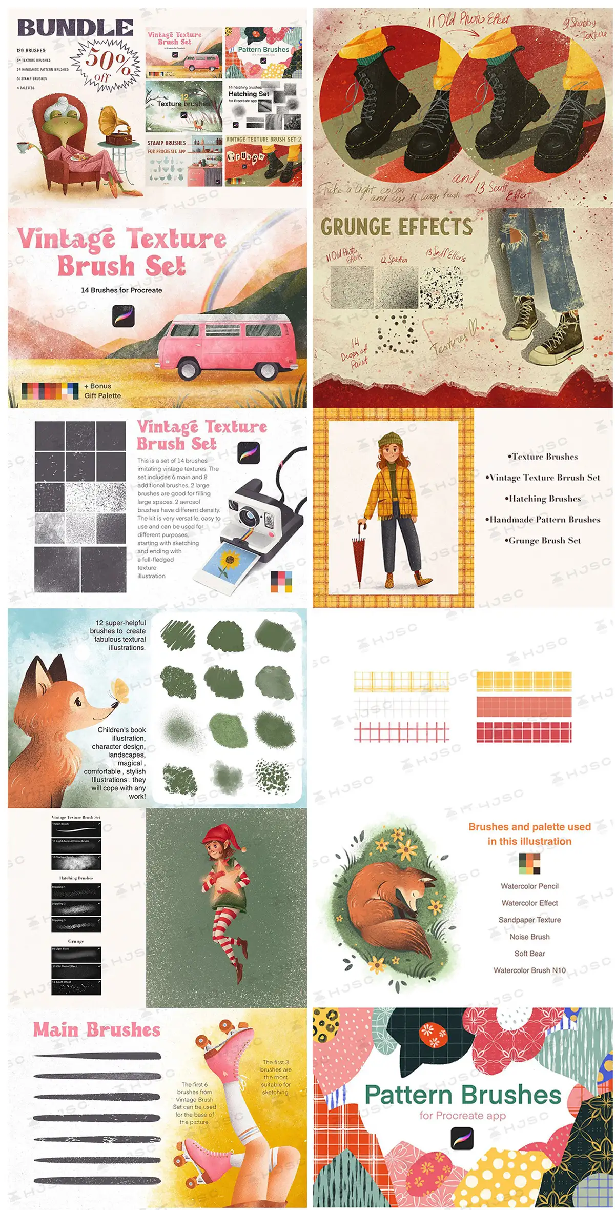复古纹理笔刷合集噪点颗粒肌理儿童故事绘本插画干介质procreate笔刷