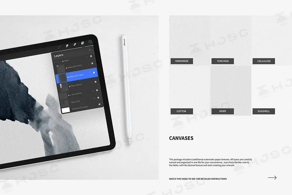 procreate水彩笔刷30只超级真实的水彩笔+6张水彩纸纹理画布