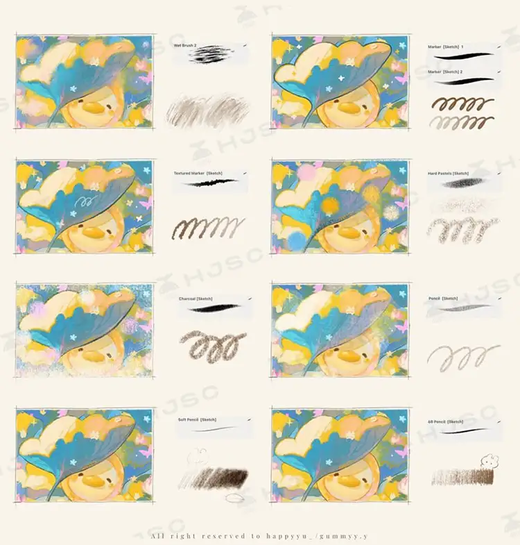 Happyyu插画师油画水粉油画棒肌理可爱卡通儿童厚涂procreate笔刷