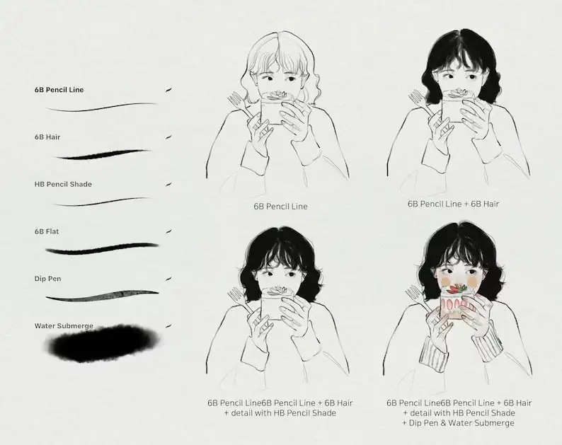 韩国插画师Leessuu素描人像画笔纸纹铅笔速写起稿procreate笔刷