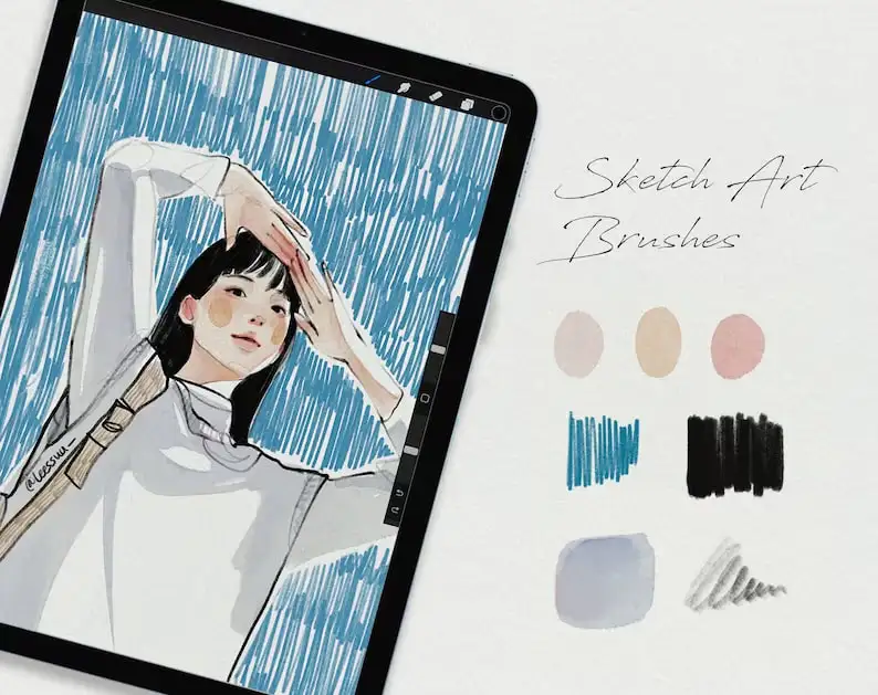 韩国插画师Leessuu素描人像画笔纸纹铅笔速写起稿procreate笔刷