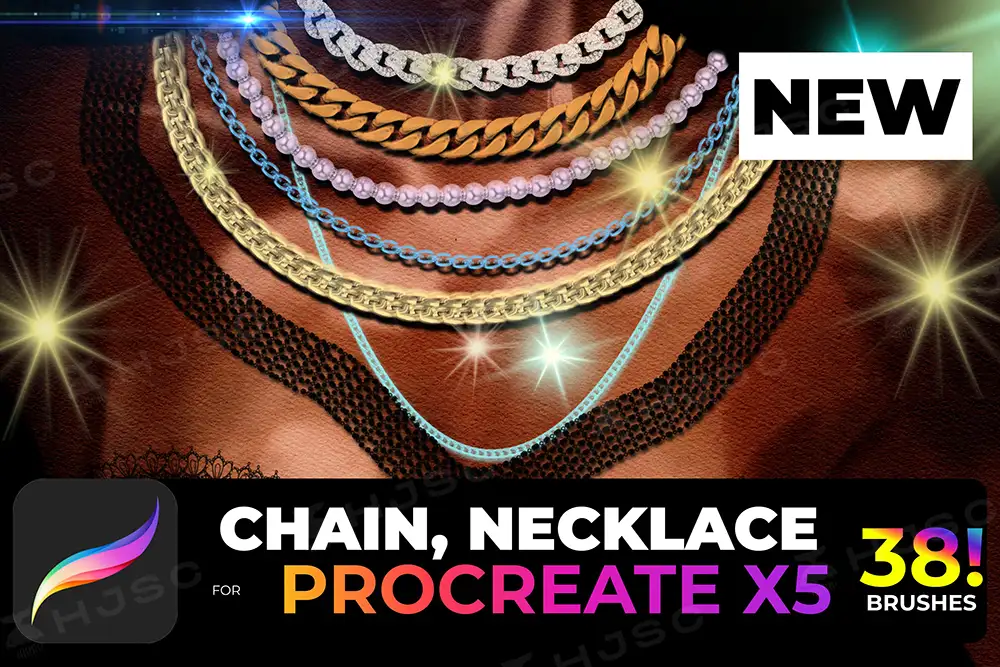 宝石珠宝项链立体金属链条金属锁链项链绘画procreate笔刷