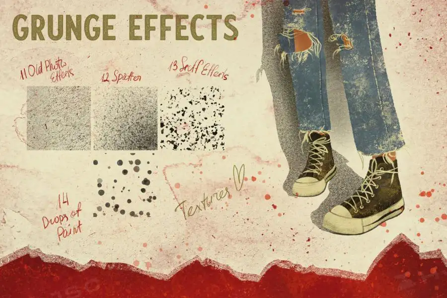 复古风格插画噪点肌理颗粒污渍划痕纹理Procreate笔刷