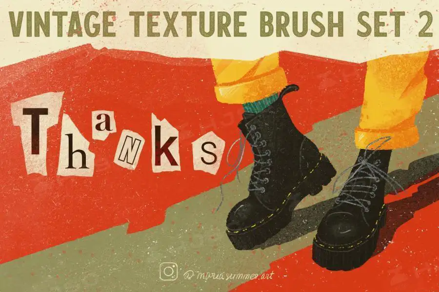 复古风格插画噪点肌理颗粒污渍划痕纹理Procreate笔刷