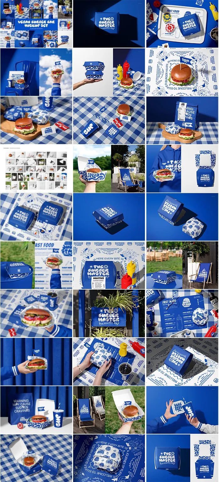 汉堡纸盒包装纸纸袋纸杯广告牌沙滩椅品牌样机VI设计PSD贴图样机