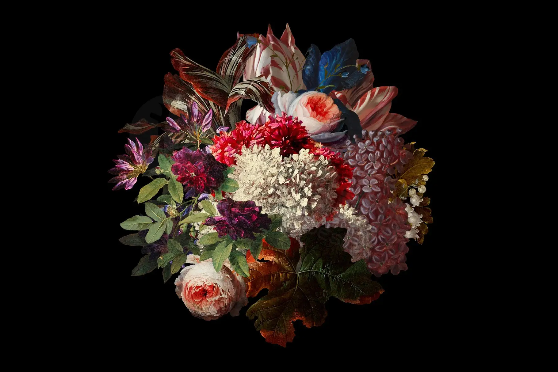 复古油画质感宫廷花卉植物花朵鲜花拼贴图案PNG免抠图片设计素材