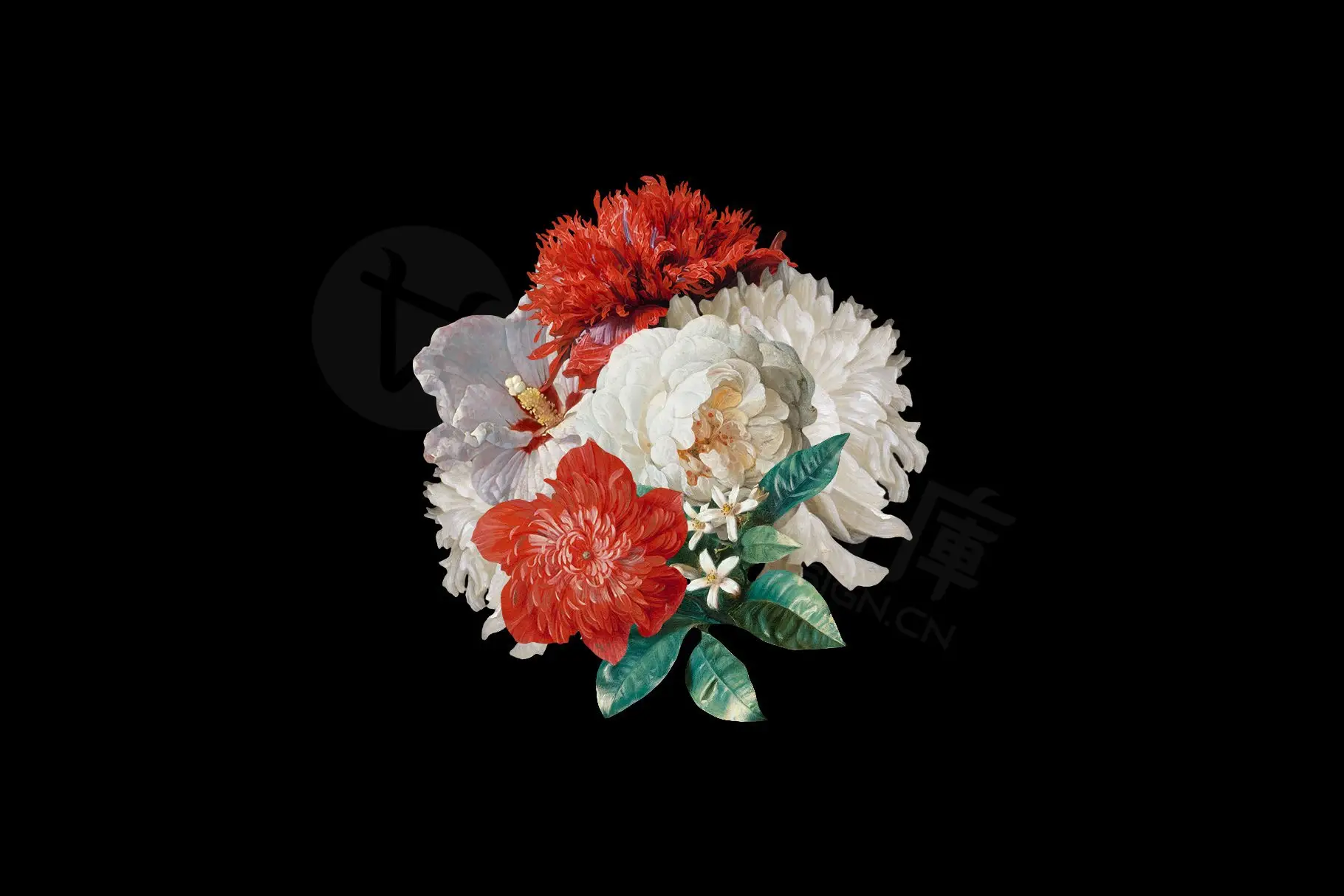 复古油画质感宫廷花卉植物花朵鲜花拼贴图案PNG免抠图片设计素材