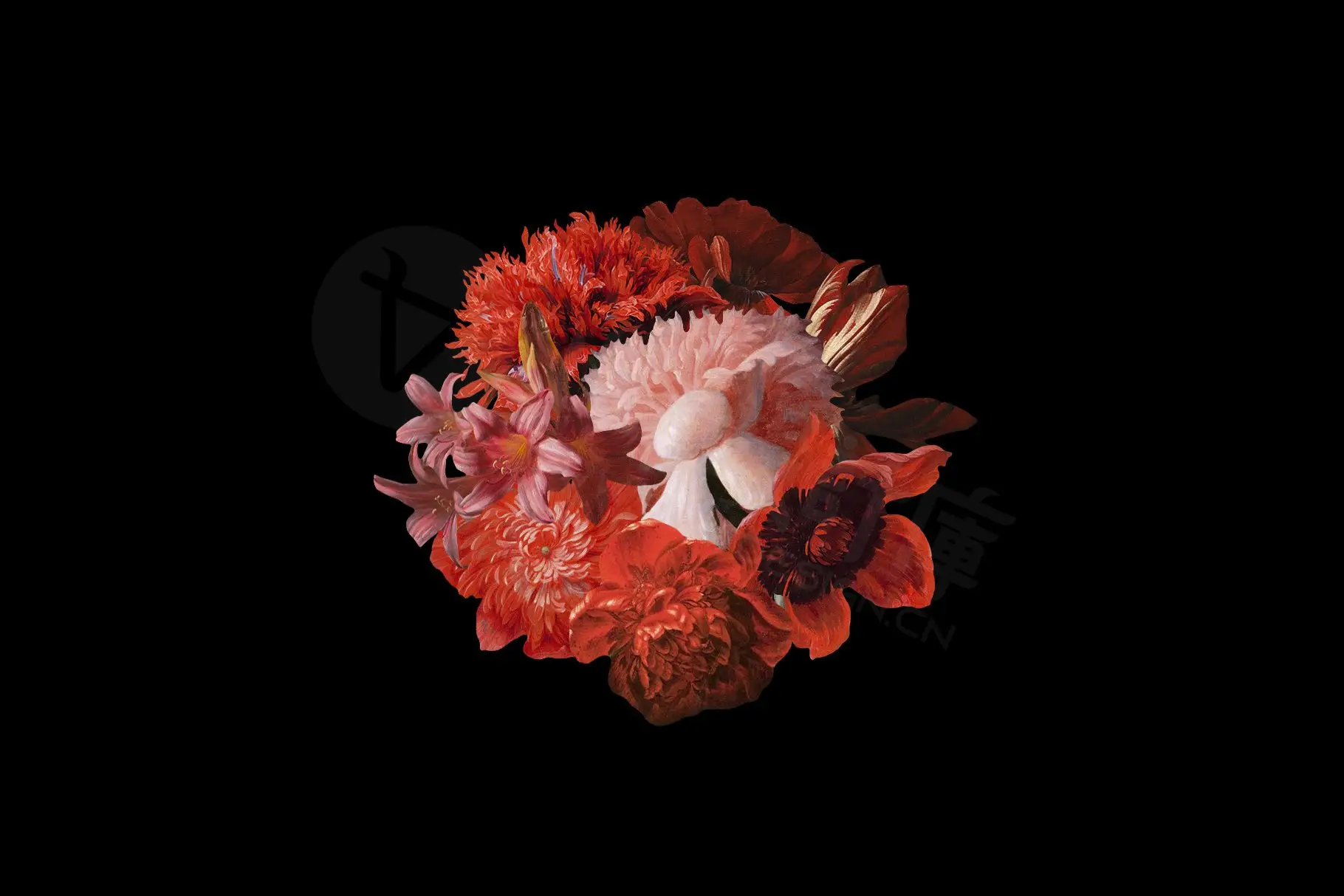 复古油画质感宫廷花卉植物花朵鲜花拼贴图案PNG免抠图片设计素材