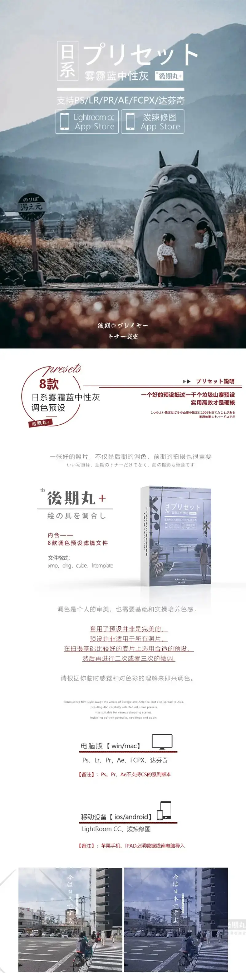 LR预设 网红日系原创雾霾蓝暗调写真PR视频lut调色手机预设PS滤镜