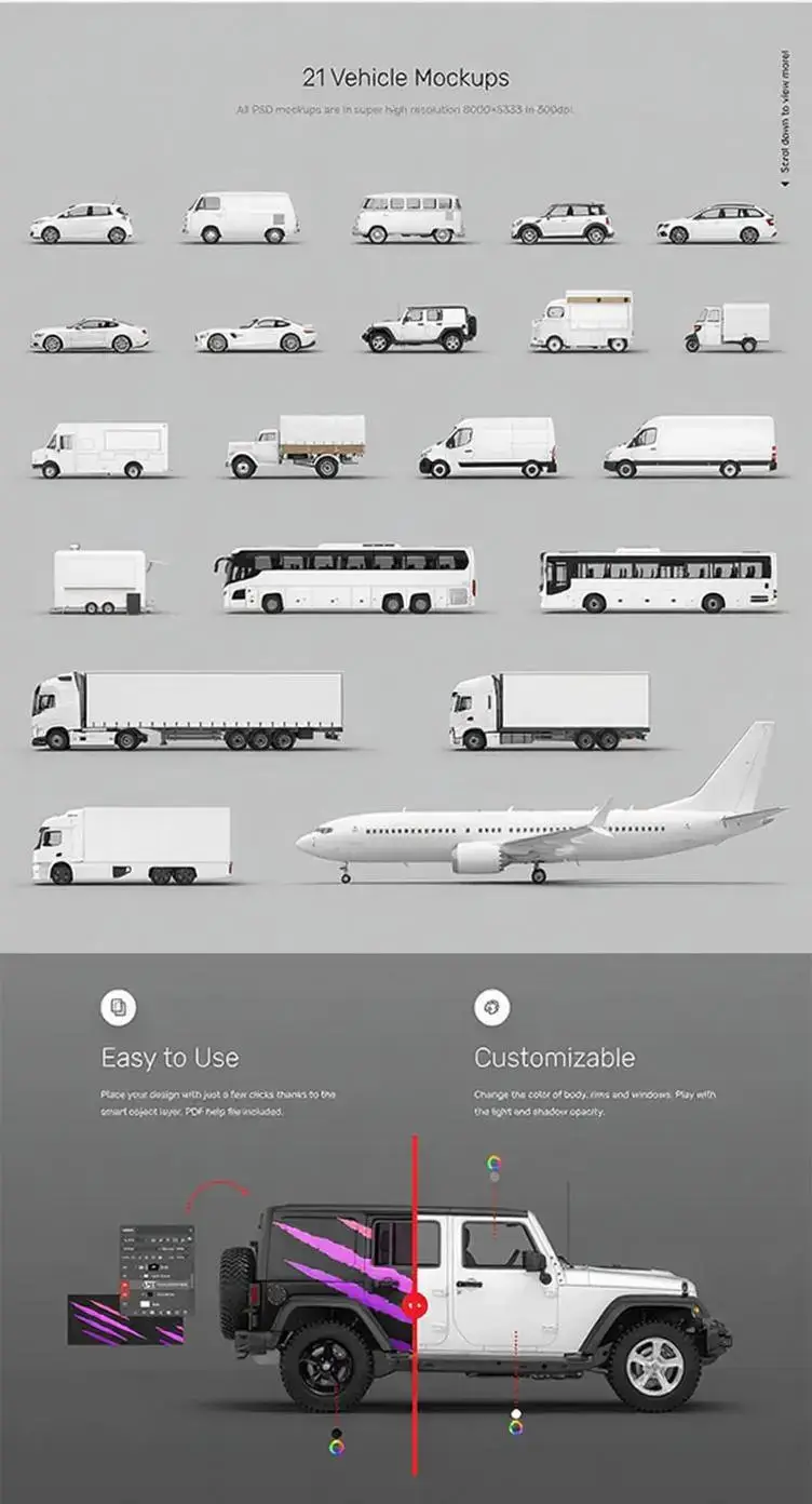 汽车大巴车货柜车面包车餐车飞机VI车贴广告贴图样机PSD设计素材