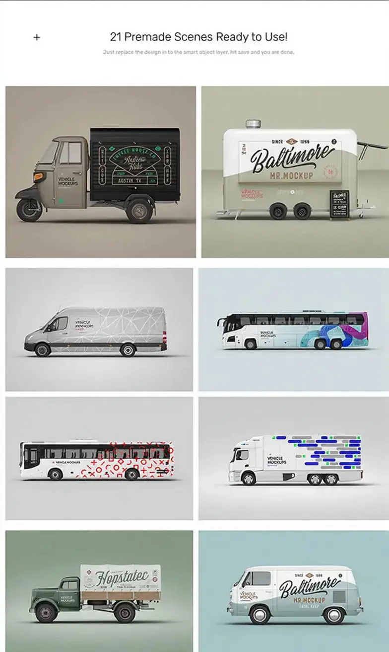汽车大巴车货柜车面包车餐车飞机VI车贴广告贴图样机PSD设计素材