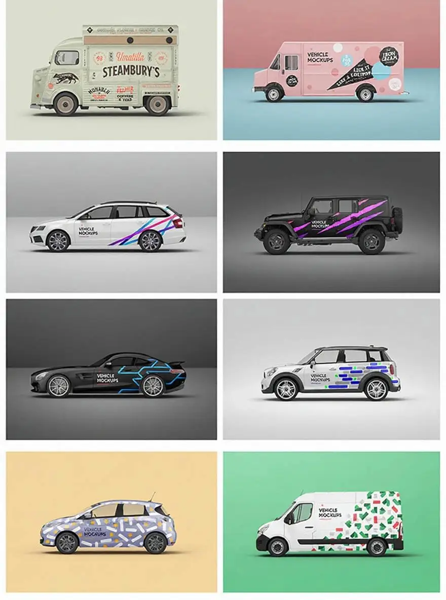 汽车大巴车货柜车面包车餐车飞机VI车贴广告贴图样机PSD设计素材