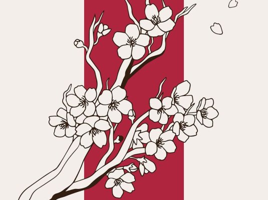 日式元素樱花仙鹤扇子设计元素线描矢量手绘插画