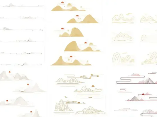 中国风中式山水祥云花纹几何线性边框插画图形AI矢量