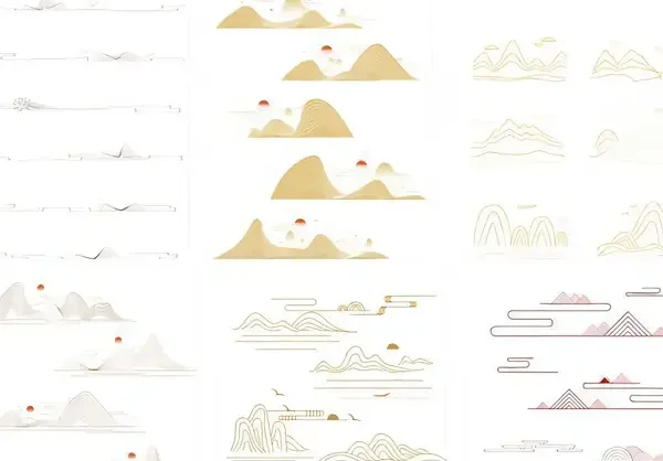 中国风中式山水祥云花纹几何线性边框插画图形AI矢量