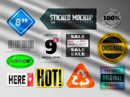质感潮流不干胶贴纸集标签PSD样机