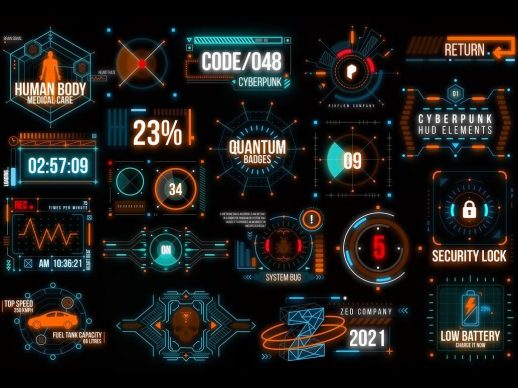 HUD潮流赛博朋克汽车宇宙飞船科幻霓虹灯界面元素PSD文件