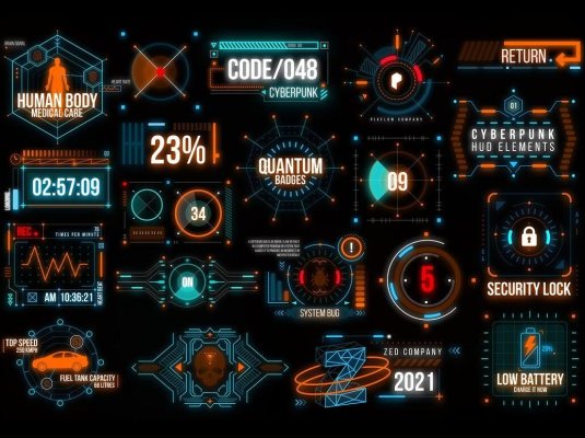 HUD潮流赛博朋克汽车宇宙飞船科幻霓虹灯界面元素PSD文件