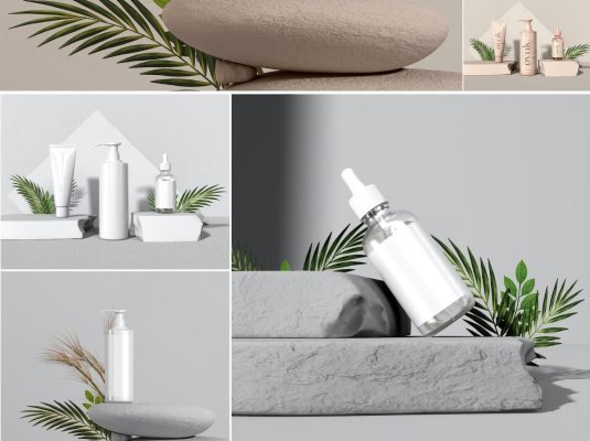 场景舞台立体化妆品瓶子品牌PSD样机模型