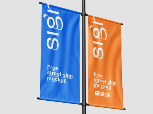 街头彩旗横幅吊旗PSD样机模型展示